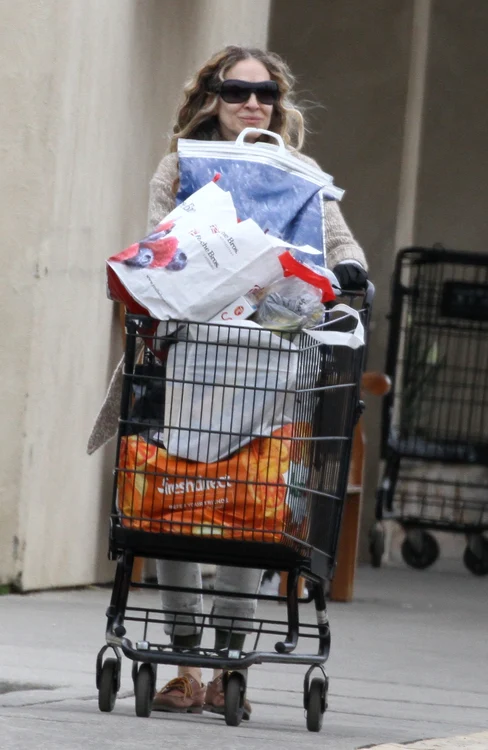 Sarah împinge la căruțul umplut vârf și are în mâini mănuși de cauciuc negre, dar masca a lăsat-o acasă