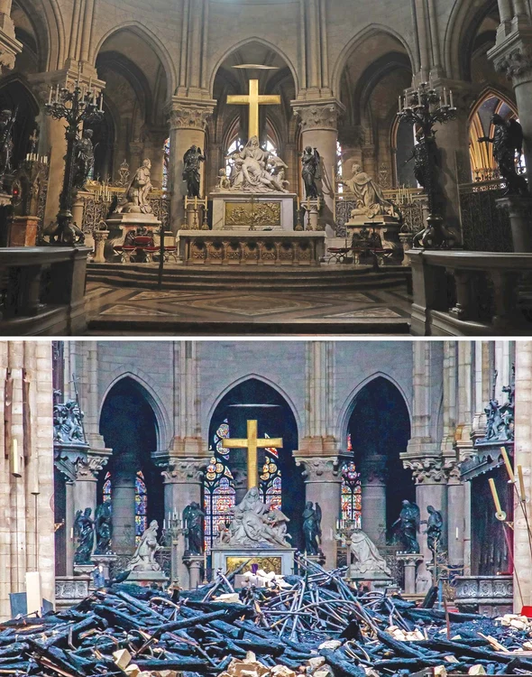 Altarul principal. Sculptura intitulată  „Coborârea de la cruce”  şi crucea de aur n-au fost  distruse de mormanul  de moloz şi buşteni arşi