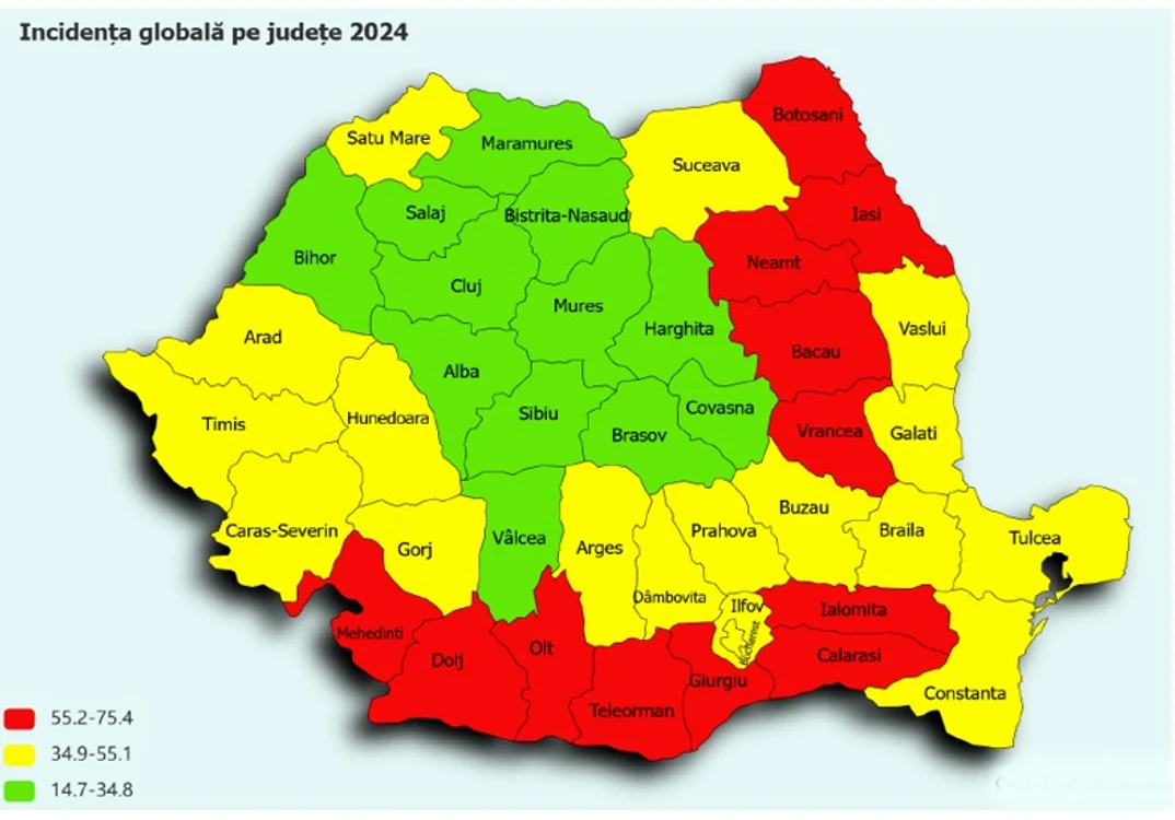 Harta privind incidența TB Sursa: comunicat I.N. „Marius Nasta” 