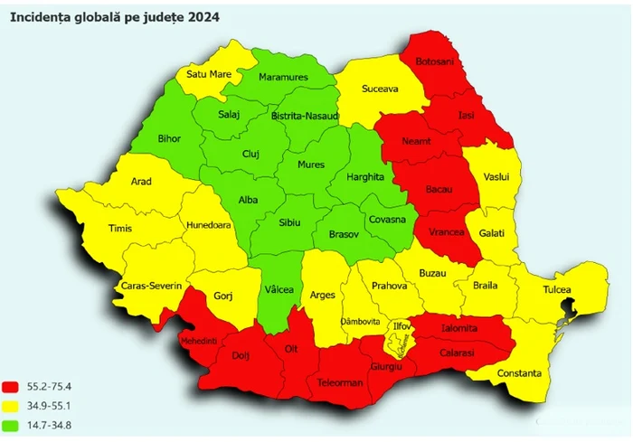 Harta privind incidența TB Sursa: comunicat I.N. „Marius Nasta”