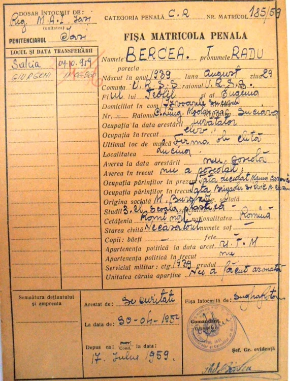 Radu bercea Fişă matricolă penală