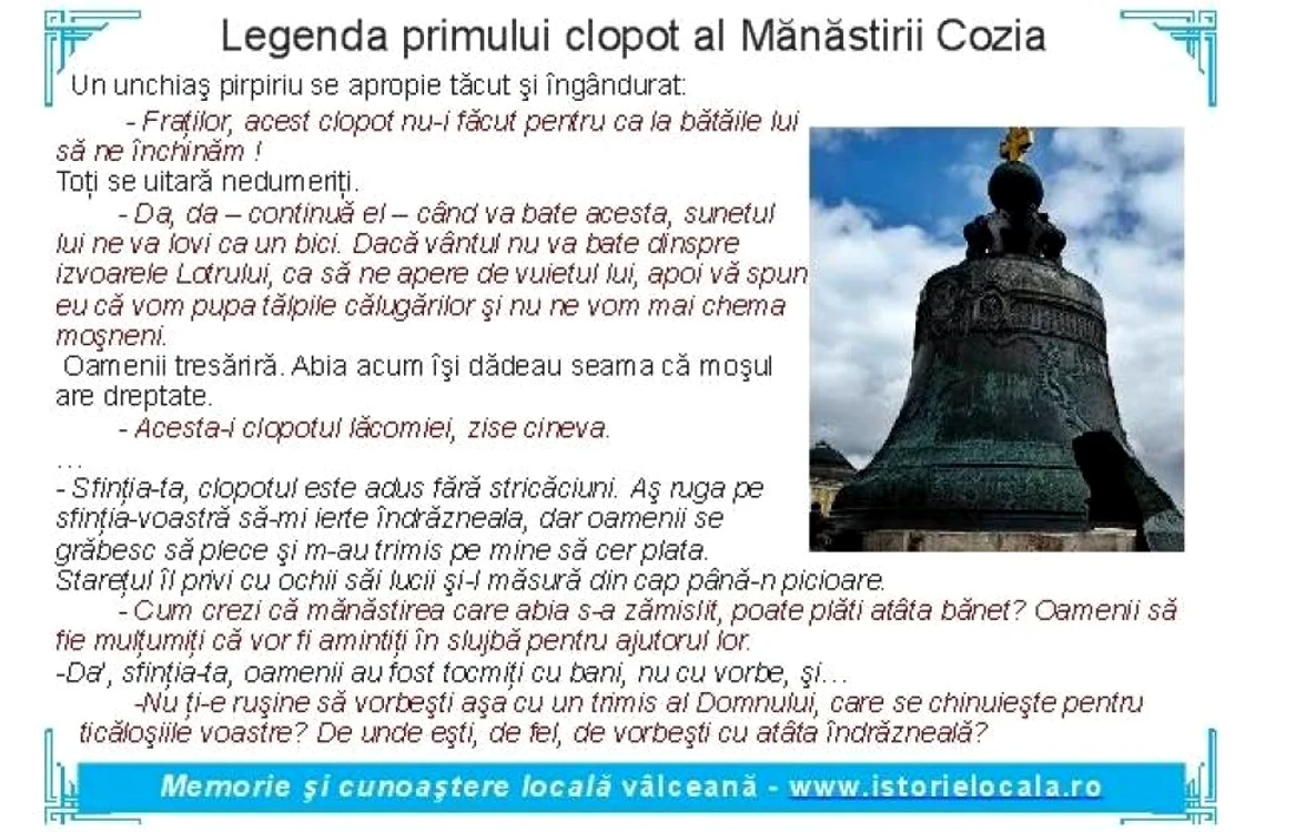 Legenda primul clopot al Mănăstirii Cozia Foto FB Biblioteci Vâlcene