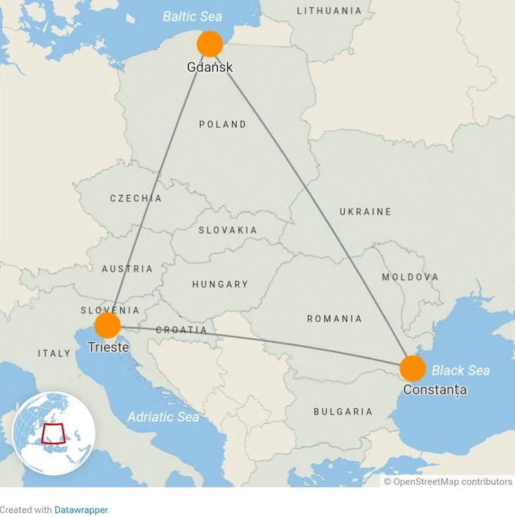 Coridoare de transport propuse pentru a lega cele trei mări: Neagră. Baltică și Adriatică (© Atlantic Council / Datawrapper / OpenStreetMap)
