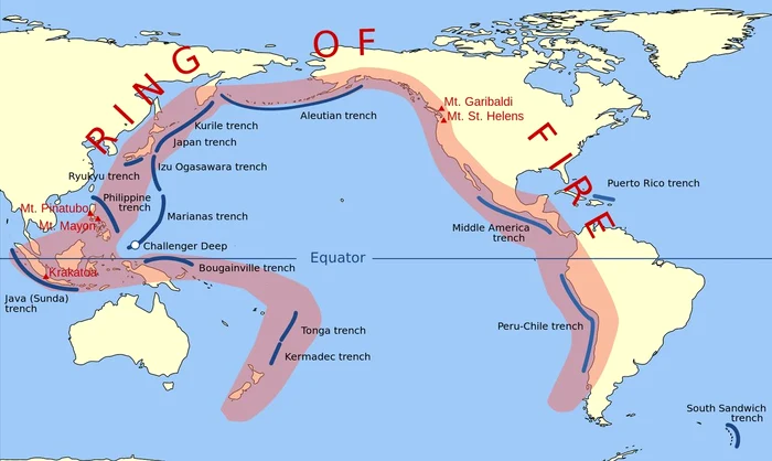 Cu roşu este marcat pe hartă "Cercul de foc al Pacificului"