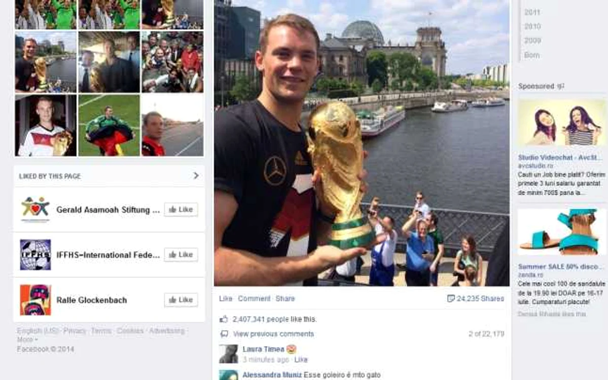 Pagina de Facebook a lui Manuel Neuer, portarul naţionalei de fotbal a Germaniei