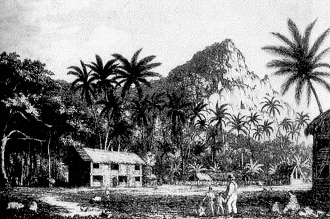 Casa de lemn a lui John Adams de pe insula Pitcairn. Gravură din 1831