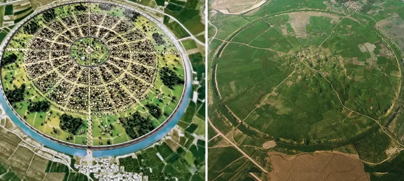 Prezentarea orașului antic Gor (stanga) și Hamadan, în prezent (dreapta) 