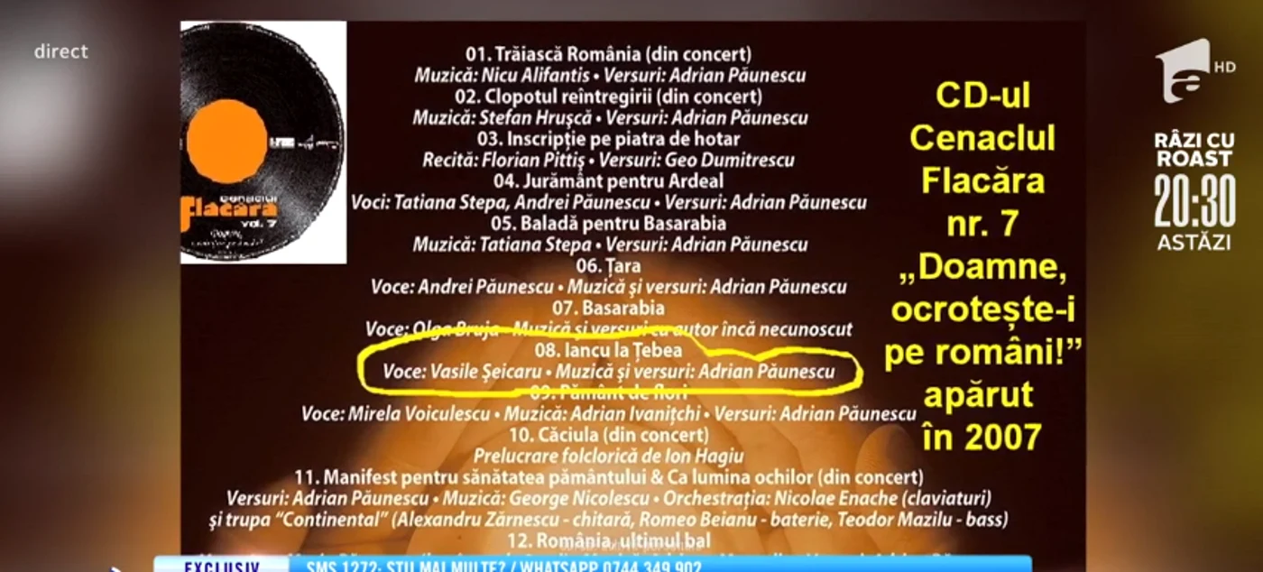 Aşa apare piesa, pe unul dintre cd-urile Cenaculului Flacăra captură: Antena 1