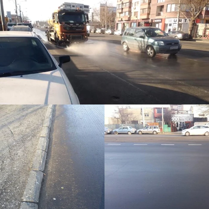 O mașină a fost surprinsă în timp ce stropea carosabilul, iar asfaltul a devenit apoi negru și alunecosFotografii: Facebook