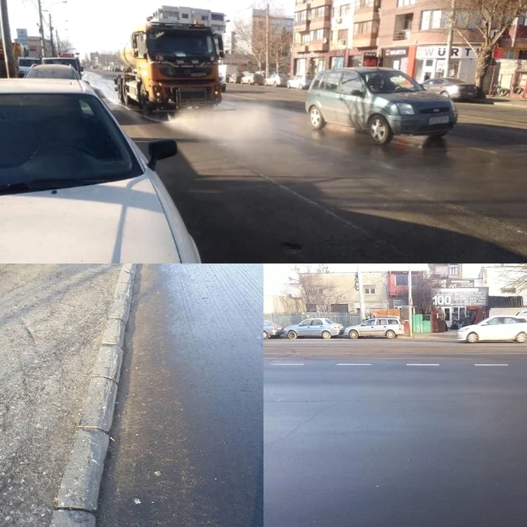 
    O mașină a fost surprinsă în timp ce stropea carosabilul, iar asfaltul a devenit apoi negru și alunecosFotografii: Facebook  