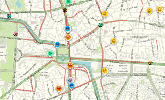 Traficul rutier din zona centrului Capitalei, un coșmar, înainte de prânz. Foto: Waze