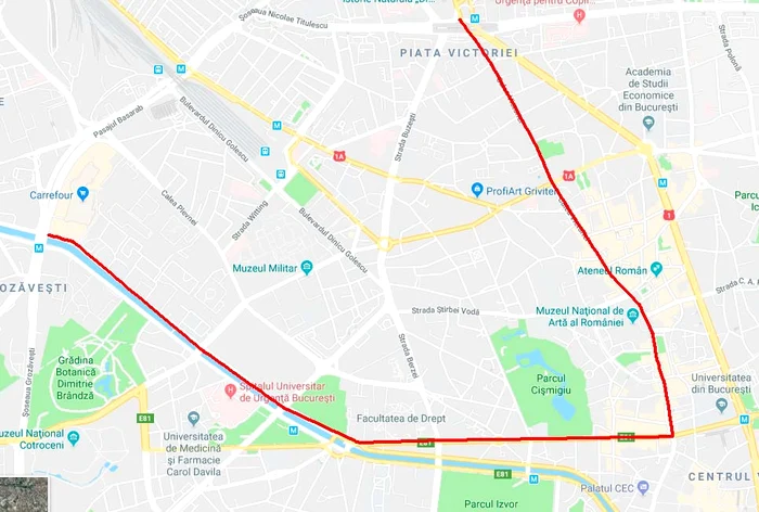 Traseul 3 începe din Calea Victoriei și ajunge pe Bd. Națiunile Unite