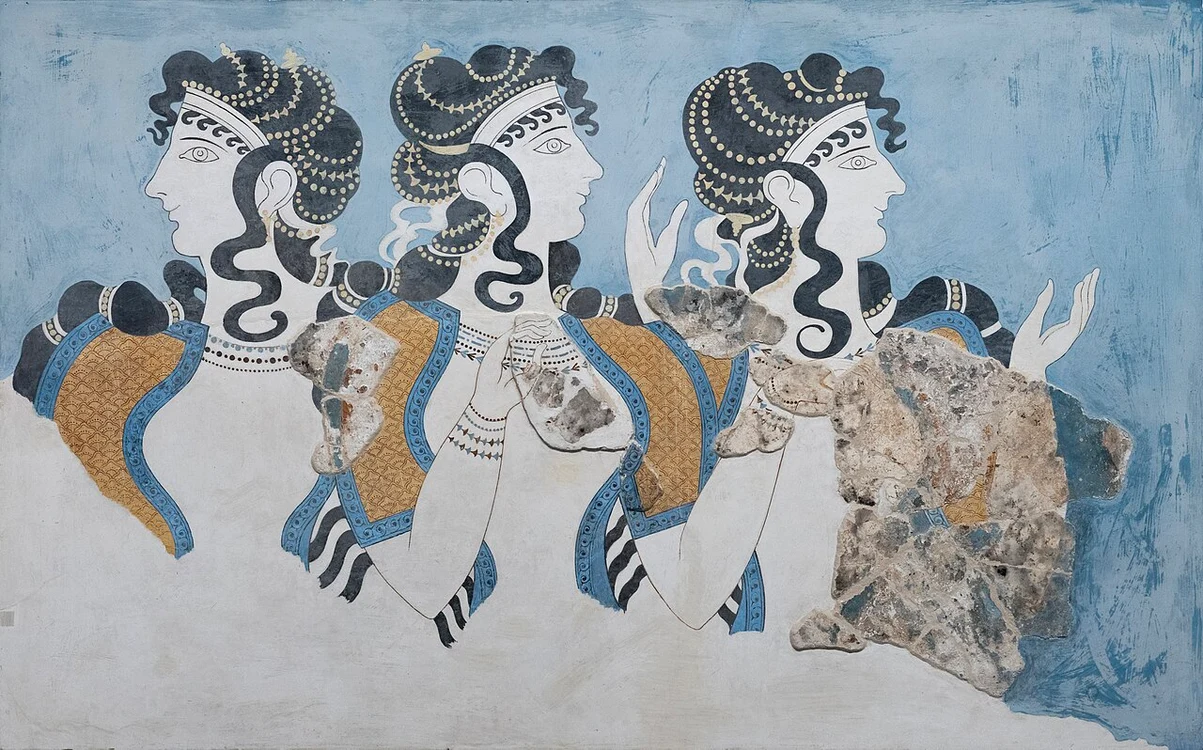 Doamne în albastru. Frescă descoperită la Knossos (© Gleb Simonov / Wikimedia Commons)