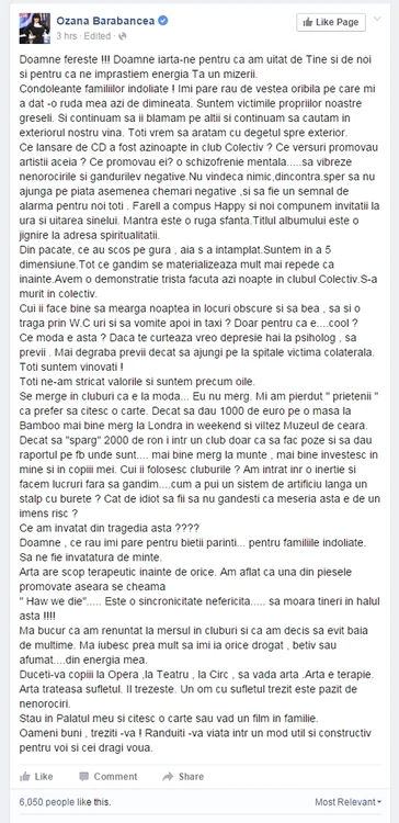 Acesta este mesajul integral al Ozanei Barabancea