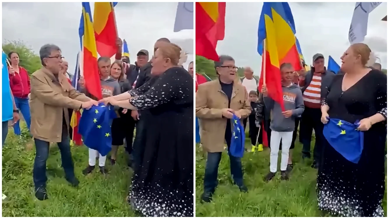 Șoșoacă a rupt un steag al UE. FOTO: captură video Facebook