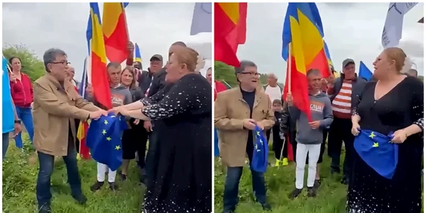 Diana Șoșoacă a rupt un steag al Uniunii Europene într-un videoclip postat de Ziua Europei FOTO: captură video Facebook