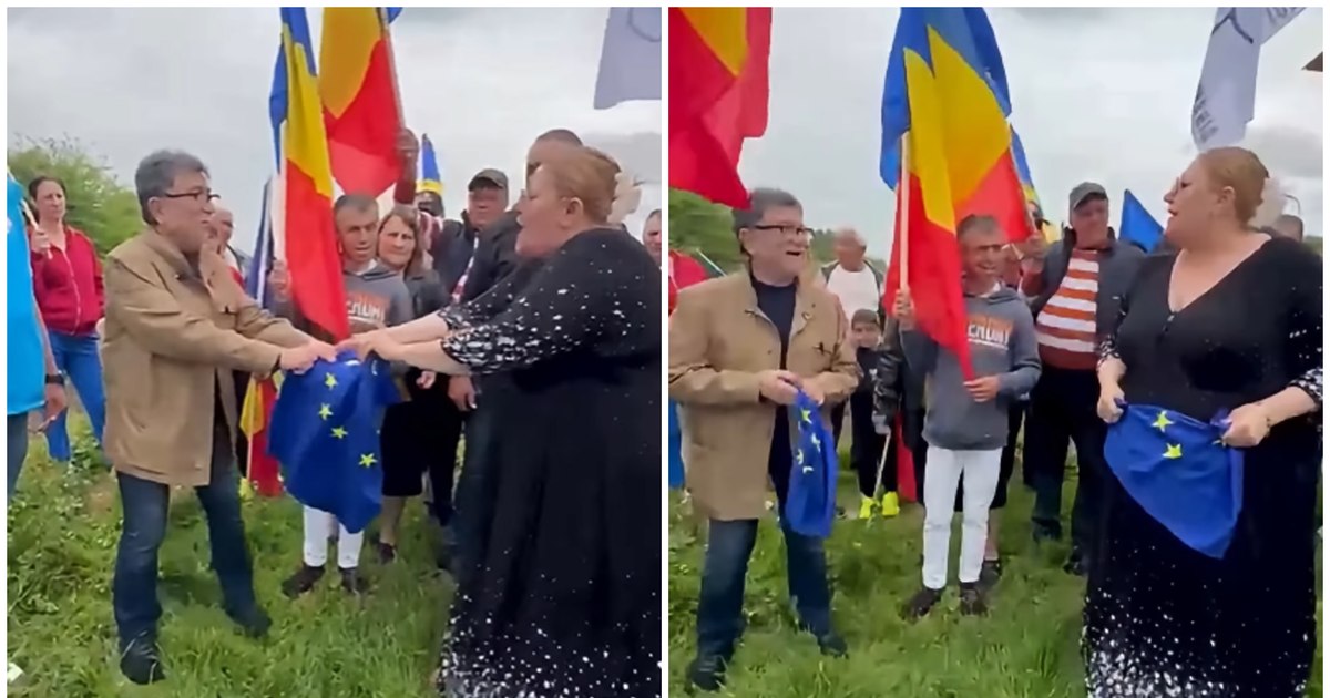 Momentul în care Diana Șoșoacă rupe un steag al UE, într-un videoclip postat de Ziua Europei. „Ia tu partea ta si-mi iau si eu partea mea!”