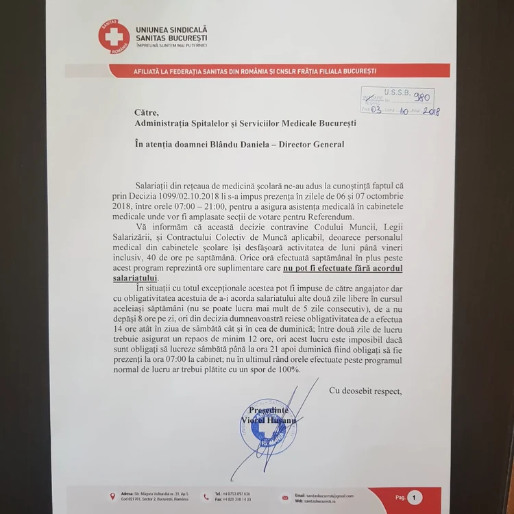 Sindicaliștii de la Sanitas le-au atras atenția celor de la Administrația Spitalelor că asistenții medicalii nu pot fi obligați să vină la referendum 