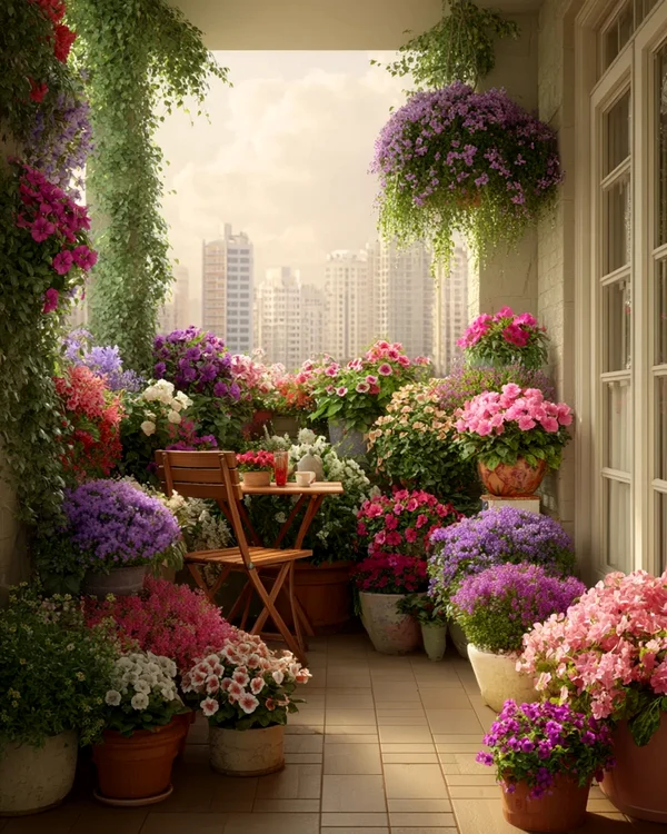 Balcon de plin cu plante și flori în ghiveci, un adevărat refugiu luxuriant Sursă Ideal House