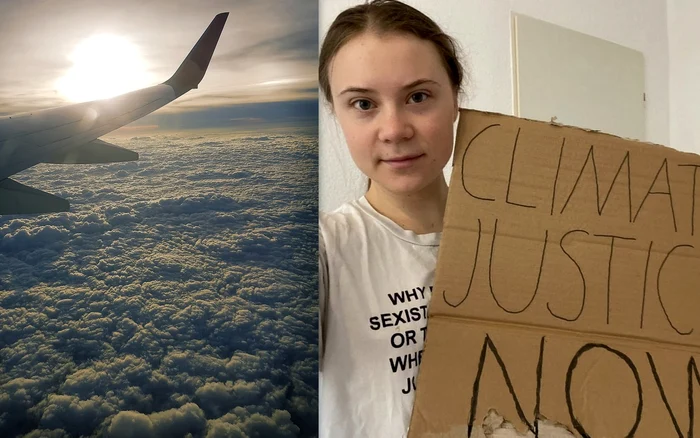 Greta Thunberg a promovat mișcarea Flygskam. Sursa: Facebook GT și Freepik.com