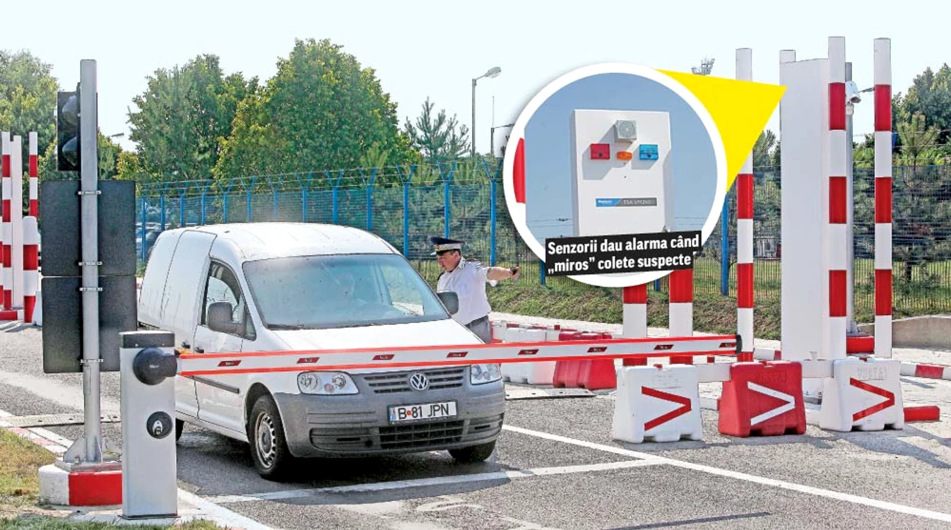 Maşinile care intră sau ies din zona aeroportului sunt oprite la punctul de control când se declanşează alarma