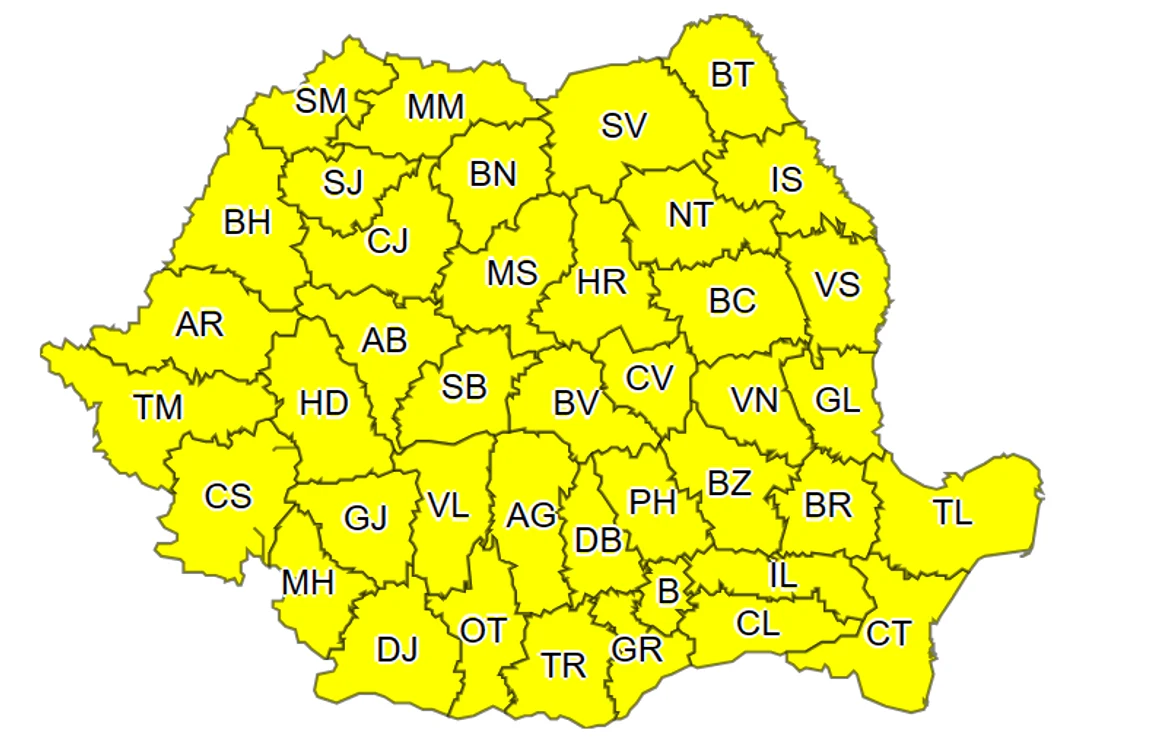 Hartă generică a României, conform ANM