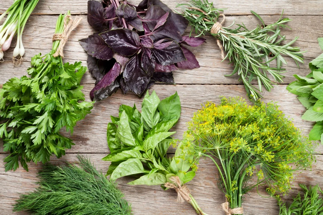43704969 fresh garden herbs on wooden table top view jpeg