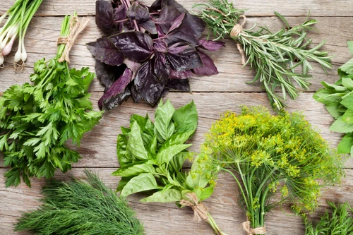 43704969 fresh garden herbs on wooden table top view jpeg