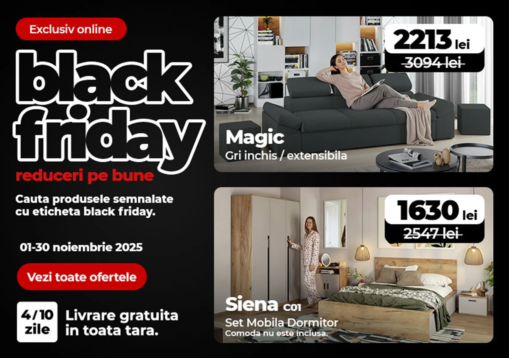 Black Friday toată luna la Mobila Laguna: reduceri care depășesc 70% și economii de peste 6.000 de lei pentru cumpărători