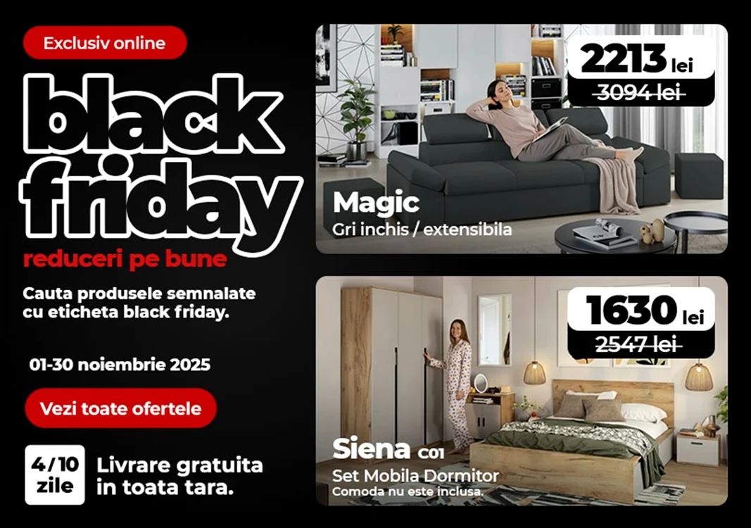 Pagina de promovare a ofertelor de Black Friday 2025 la Mobila Laguna Foto Mobila Laguna