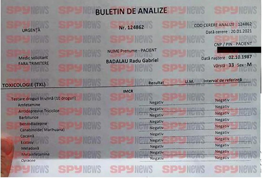 Testul anti drog efectuat de Gabi Bădălău la o clinica privată a ieșit negativ. Acesta nu este însă recunoscut in instanță