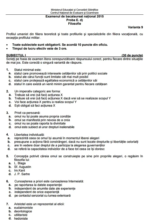 Bac 2015 subiecte. Filosofie - prima sesiune
