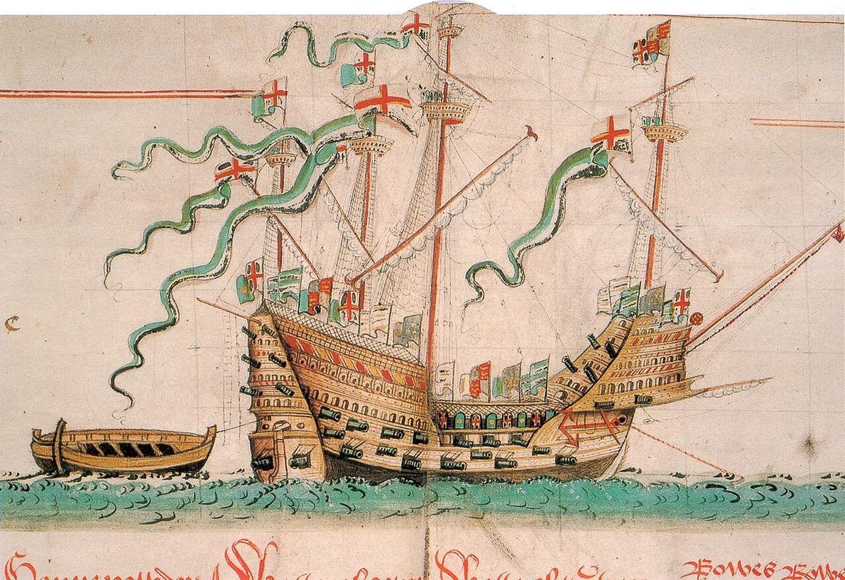 Nava Mary Rose, într-un desen de la jumătatea secolului al XVI-lea (© Wikimedia Commons)