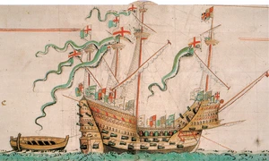 Nava Mary Rose, într-un desen de la jumătatea secolului al XVI-lea (© Wikimedia Commons)