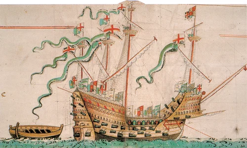 Nava Mary Rose, într-un desen de la jumătatea secolului al XVI-lea (© Wikimedia Commons)