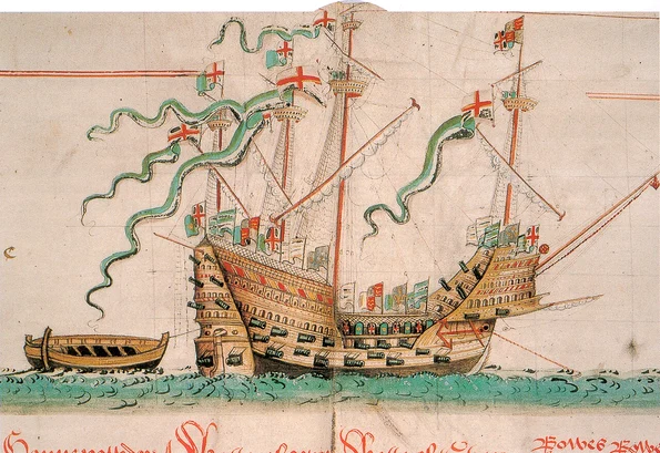 Nava Mary Rose, într-un desen de la jumătatea secolului al XVI-lea (© Wikimedia Commons)