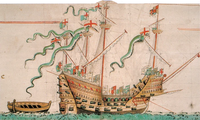 Nava Mary Rose, într-un desen de la jumătatea secolului al XVI-lea (© Wikimedia Commons)