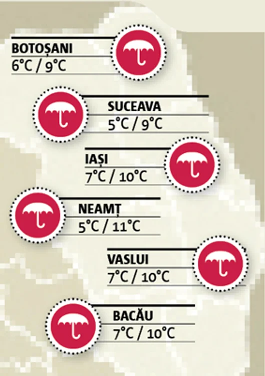 Harta temperaturilor în judeţele Moldovei