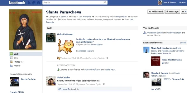 Un tânăr şugubăţ i-a făcut profil de facebook Sfintei Parascheva