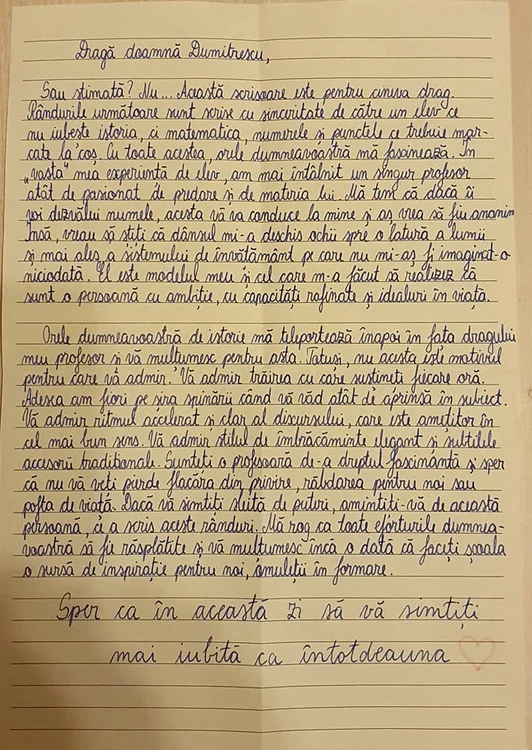 Scrisoarea a fost făcută publică de profesoara care a primit-o SURSA Angela Dumitrescu