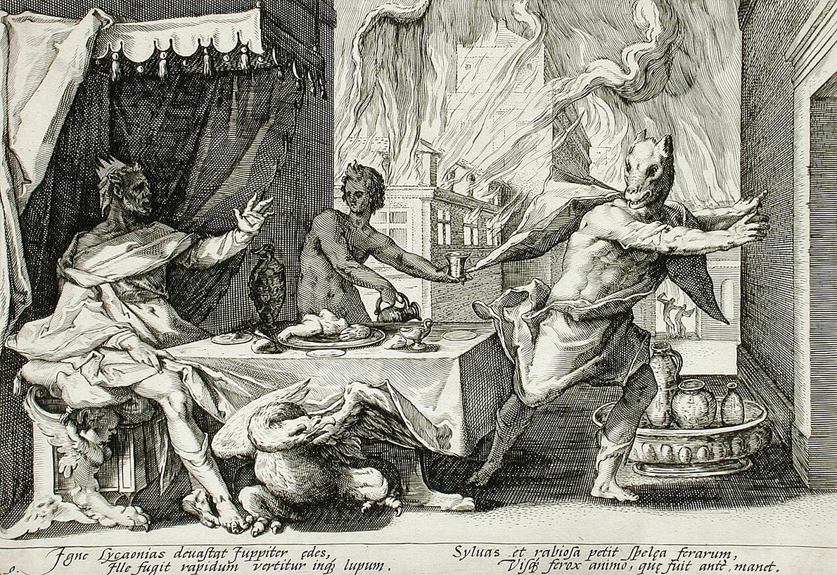 Zeus transformându-l pe Lycaon într-un lup. Gravură de Hendrik Goltzius