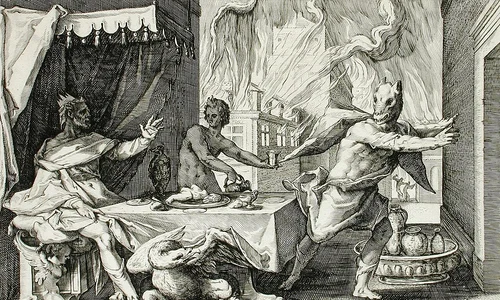 Zeus transformându-l pe Lycaon într-un lup. Gravură de Hendrik Goltzius 