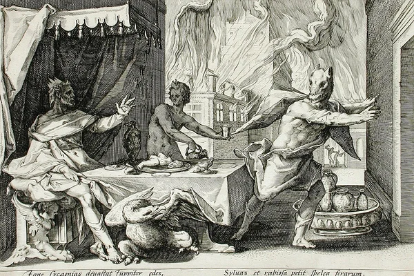 Zeus transformându-l pe Lycaon într-un lup. Gravură de Hendrik Goltzius 