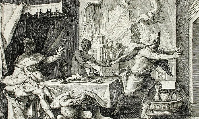 Zeus transformându-l pe Lycaon într-un lup. Gravură de Hendrik Goltzius