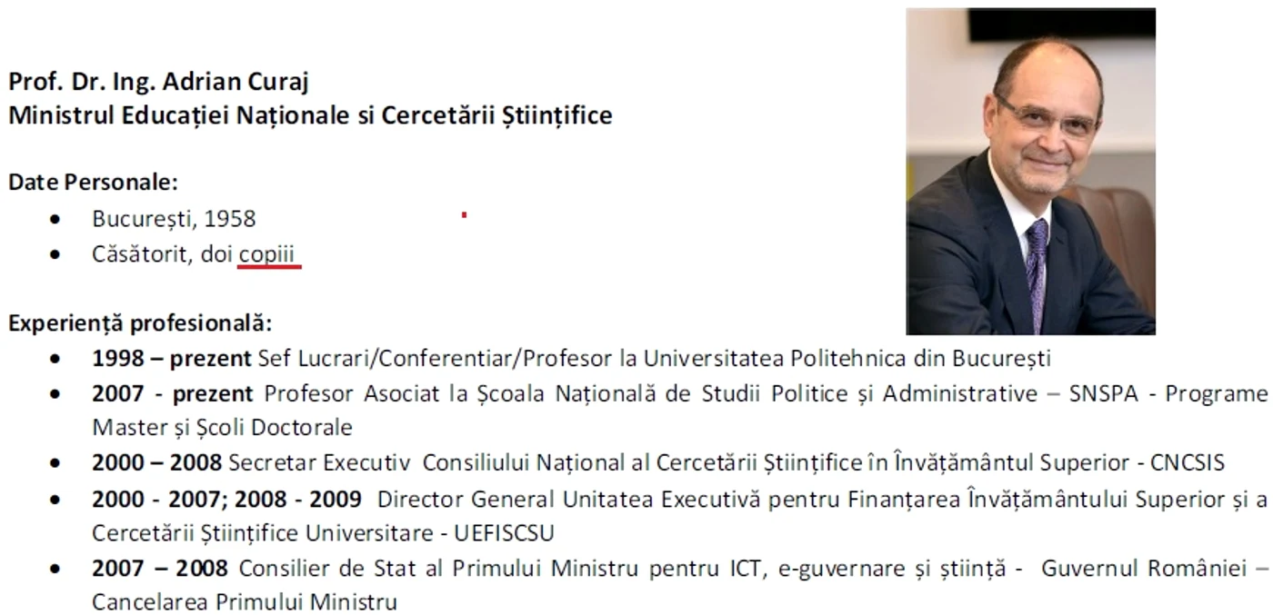 În cv-ul ministrului educației scrie că are doi ”copiii”