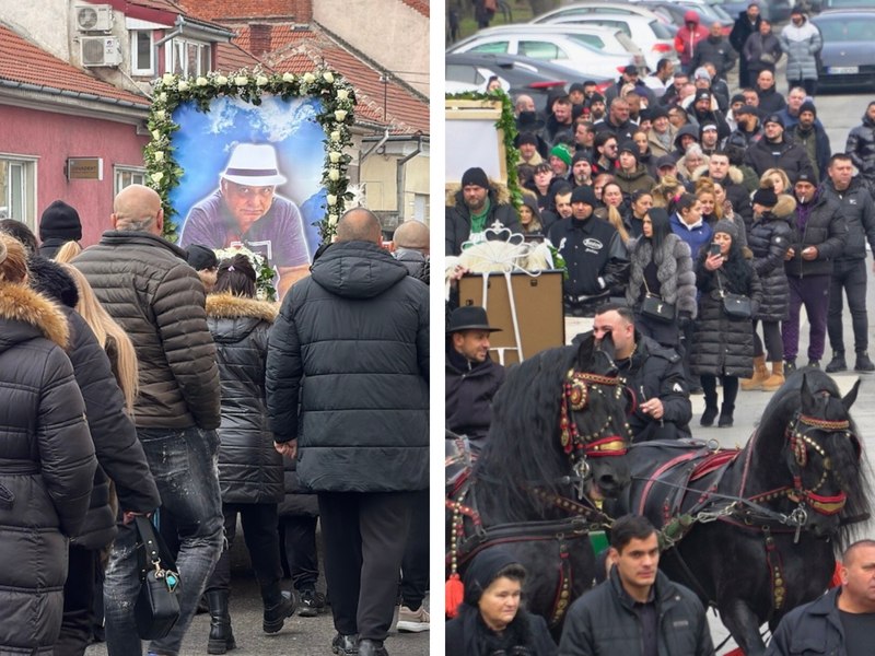 Înmormântarea cu alai a unui important lider interlop din Oradea. Sicriul și coroanele de flori, trase de cai