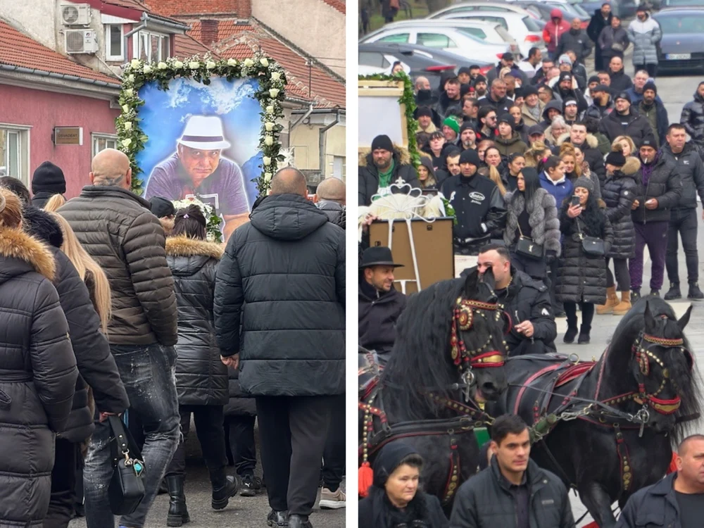 Înormântarea cu alai a unui important lider interlop din Oradea. Sicriul și coroanele de flori, trase de cai
