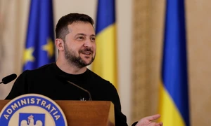 Președintele ucrainean Volodimir Zelenski face declarații de presă la Palatul Cotroceni alături de omologul român, Klaus Iohannis, în București. FOTO Inquam Photos / Octav Ganea