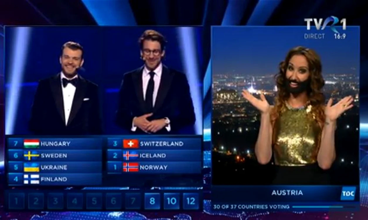 Prezentatoarea televiziunii austriece a fost sigură de victoria Conchitei. (captură TVR 1)