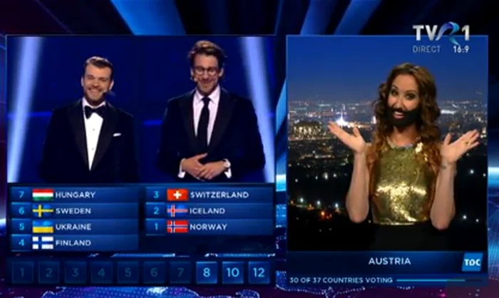 Prezentatoarea televiziunii austriece a fost sigură de victoria Conchitei. (captură TVR 1)